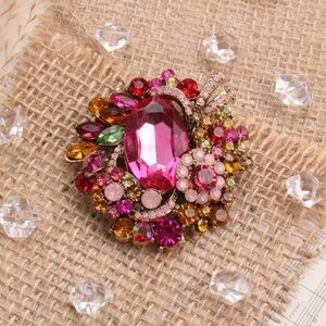 Pink gemstone Brooch Gem multicolor rhinestones round Victorian Vintage Retro